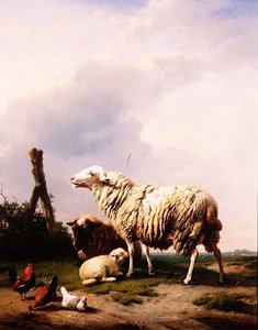 Ovelhas e Aves em Paisagem de Eugene Joseph Verboeckhoven