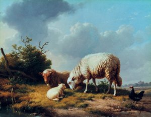 Ovelhas e aves domésticas em uma paisagem, século XIX. de Eugene Joseph Verboeckhoven