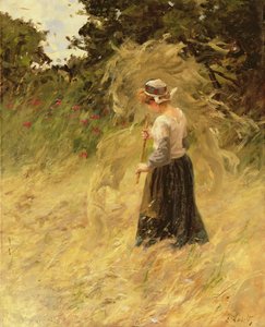 Uma menina, colheita, feno, 19o século de Eugene Leon Labitte