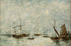Barcos ancorados em um porto (óleo sobre tela) de Eugene Louis (attr.to) Boudin