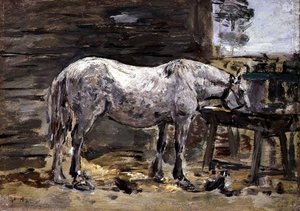 A Horse Drinking, c.1885-90 (óleo sobre painel) de Eugene Louis Boudin