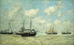 Barcos na costa em Scheveningen; Scheveningue, barcos falharam no Greve, 1875 de Eugene Louis Boudin