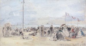 Pessoas na praia, Trouville, 1866 (wc e grafite no papel) de Eugene Louis Boudin