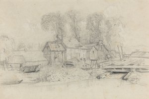 Paisagem fluvial com edifícios, barcos e figuras, c. 1858. de Eugene Louis Boudin