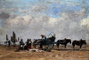 O Carrinho de Peixe, Berck, c.1880 (óleo sobre tela colocado sobre painel) de Eugene Louis Boudin