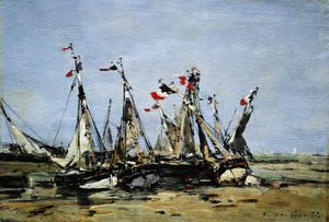 Trouville (França), à espera da maré, barcos de pesca na praia, decorados com bandeiras francesas, comemorando a Revolução Francesa de 1789 de Eugene Louis Boudin