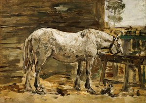 Cavalo branco na calha bebendo, c.1885-90 de Eugene Louis Boudin