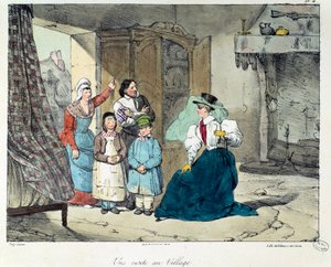 Uma visita à aldeia. Uma mulher rica visita uma família pobre. Ilustração do livro "La vie de chateau". Gravura de Eugene Louis Lami (1800-1890) de Eugene Louis Lami