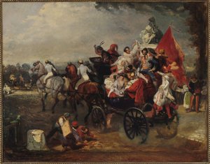 Transporte com homens e mulheres em traje na Champs-Elysées, 1834 de Eugene Louis Lami