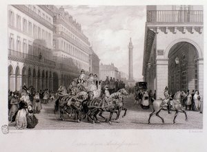 Cortejo de um embaixador na Place de la Bourse na sua chegada a Paris. Gravura de Eugene Louis Lami (1800-1890) 1843 Coleção particular de Eugene Louis Lami