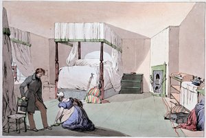 Albergue: um empregado que ajuda um cliente a calçar sapatos. Ilustração de Eugene Louis Lami (1800-1890), meados do século XIX de Eugene Louis Lami