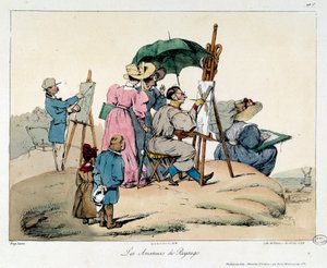 Amantes da paisagem. Os pintores apresentados reagrupam-se para pintar uma paisagem marítima. Ilustração do livro "la vie de chateau". de Eugene Louis Lami