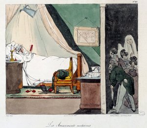 Diversão noturna. As crianças têm medo de assustar uma pessoa a ler na cama. Ilustração do livro "La vie de chateau". Gravura de Eugene Louis Lami (1800-1890) de Eugene Louis Lami