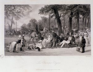 Passageiros e caminhantes nos Campos Elíseos (Champs-Elysees) em Paris. Gravura de Eugene Louis Lami (1800-1890) 1841 Coleção particular de Eugene Louis Lami