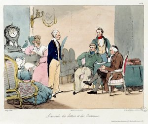 A chegada das cartas e dos jornais. Ilustração do livro "La vie de chateau". Gravura de Eugene Louis Lami (1800-1890) de Eugene Louis Lami