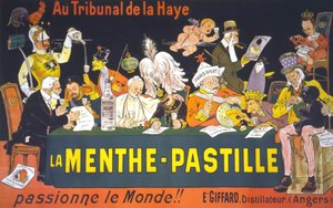 Cartaz sobre a Conferência de Paz em Haia, em 1899: "No Tribunal de Haia, a pastilha de menta - apaixona o mundo!" de Eugène Ogé (1861 - 1936)