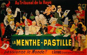 Cartaz publicitário "La Menthe-Pastille" referindo-se à Primeira Conferência de Paz de Haia de 1899 (cor litho)