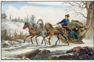 O trenó puxado por cavalos com um abrigo para viajantes (Troika Kibitka). Trabalho de Eugene Pluchard (1809-1880), litografia e aguarela