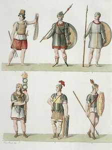 Soldados romanos, detalhe da placa 2, classe 5 da parte I da história das Nações, gravada por Buttazon aquatint, ver também 93289 de Eugenio Bosa