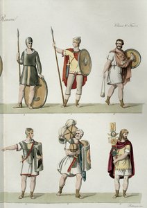 Soldados romanos, detalhe da placa 2, classe 5 da Parte I da História das Nações, gravada por Buttazon (aquatint) (ver também 93288) de Eugenio Bosa