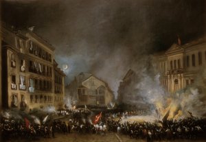 Episódio da Revolução de 1854, em Puerta del Sol, Madrid. Pintura de Eugenio LUCAS VELAZQUEZ