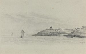 Paisagem Costeira com Frete; Moinho de vento à distância de Eugène Boudin