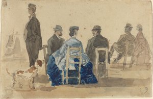 Senhoras e senhores sentados na praia com um cachorro de Eugène Boudin