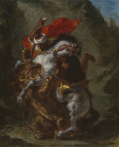 Cavaleiro árabe atacado por um leão de Eugène Delacroix
