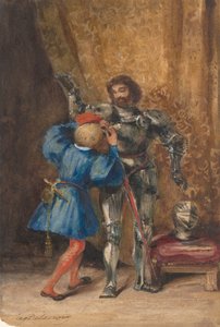 Goetz von Berlichingen sendo vestido de armadura por sua página George, 1826-27. de Eugène Delacroix
