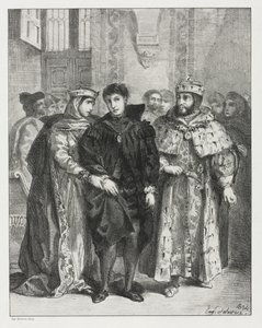 Hamlet: a rainha se esforça para consolar Hamlet de Eugène Delacroix