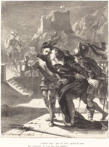 Hamlet deseja seguir o fantasma de seu pai (Ato I, Cena IV) de Eugène Delacroix