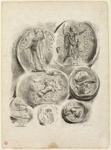 Folha de sete medalhas antigas de Eugène Delacroix