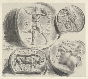 Estudos de quatro moedas gregas, 1825., 1825. de Eugène Delacroix