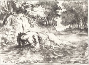 A Morte de Ofélia Ato IV, Cena VII, 1843. de Eugène Delacroix
