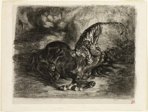 Cavalo selvagem derrubado por um tigre de Eugène Delacroix