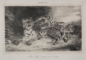 Jovem tigre brincando com sua mãe de Eugène Delacroix