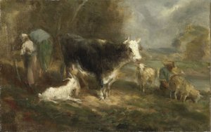 Quintal da quinta com Gado bovino de Eugène Fromentin Dupeux