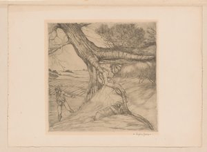 Semeador e figura reclinada com as mãos postas em uma paisagem de Eugène Joors (signed by artist)
