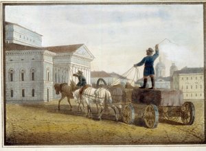 Transporte de blocos de granito para a praça do teatro em São Petersburgo. Obra de Eugene Pluchart (1809-1880), aquarela sobre litografia