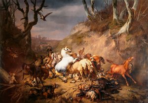 Lobos famintos atacando um grupo de cavaleiros