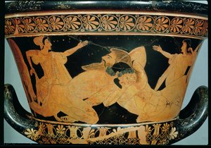 Cálice-krater ático de figuras vermelhas representando Herakles lutando com Antaeus, de Cervetri, c.510 aC (cerâmica) (ver também 92569)