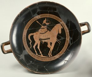 Taça ática de figuras vermelhas representando um cavaleiro a cavalo (cerâmica)