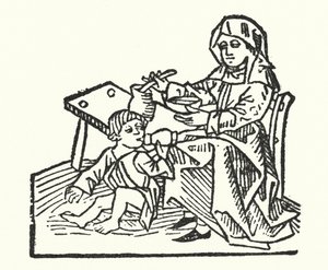 Enfermeira e criança do século XV (gravura) de European School