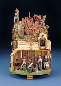 Uma cena mecânica militar de soldados, as figuras de madeira fora de uma casa de palha, final do século 19 de European School