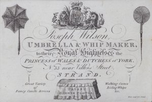 Anúncio para Joseph Wilson, guarda-chuva e chicoteador, Londres (gravura) de European School