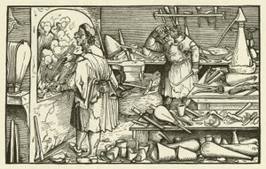 Laboratório do alquimista no século XVI (xilogravura) de European School