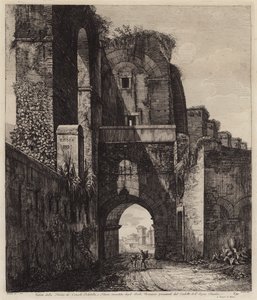Arcos dos cônsules Dolabella e Silanus encerrados dentro dos arcos neronianos da Acqua Claudia, Roma, Itália (gravura) de European School