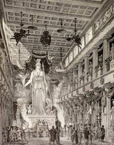 A impressão artística da estátua da deusa Atena no Parthenon, Atenas, durante o período clássico, de "El Mundo Ilustrado", publicado em Barcelona, 1880 (lito) de European School