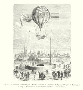 Ascensão feita em 12 de junho de 1784 com o aerostato da Academia de Dijon, por Guyton de Morveau e de Virly, Primeiro teste de direção de aerostatos, com a ajuda de remos (gravura) de European School