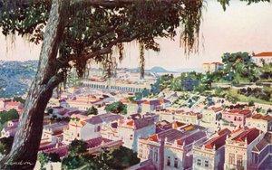 Vista aérea do Antigo Viaduto da Carioca, sobre o qual passam hoje os bondes elétricos para o Morro de Santa Thereza, o Hotel Internacional e o Corcovado (litografia colorida) de European School